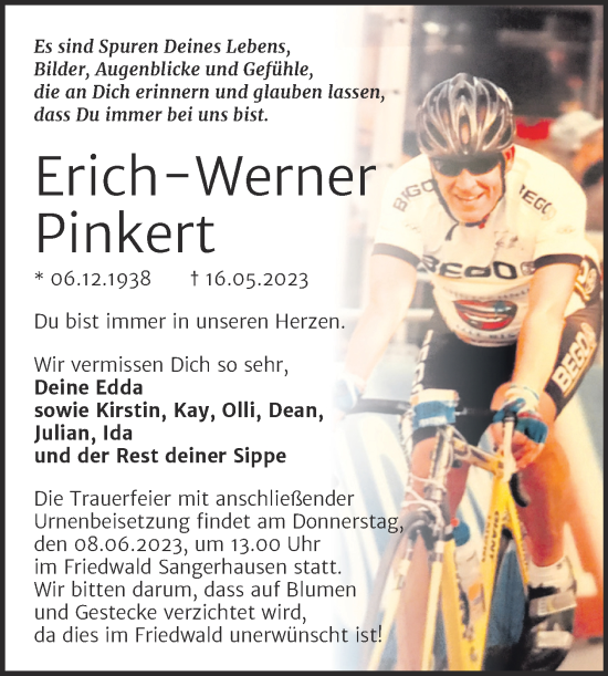 Traueranzeige von Erich-Werner Pinkert von Trauerkombi Sangerhausen