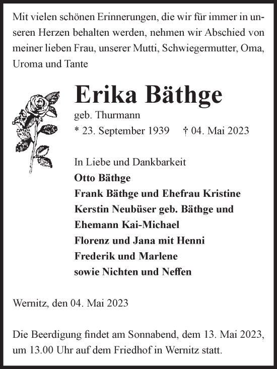 Traueranzeige von Erika Bäthge von Volksstimme Altmark West