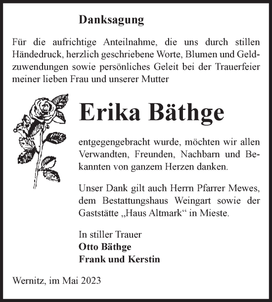 Traueranzeige von Erika Bäthge von Volksstimme Altmark West