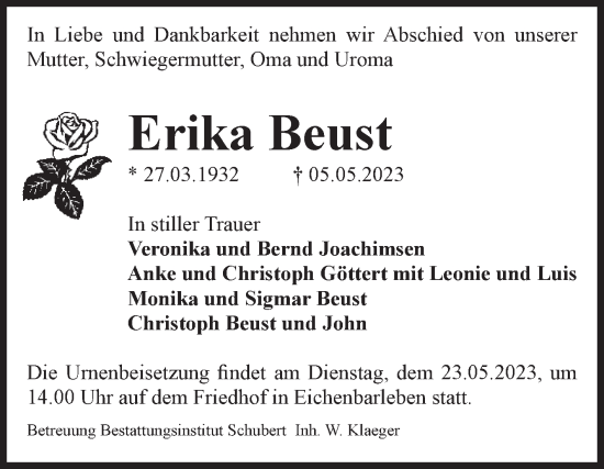 Traueranzeige von Erika Beust von Volksstimme Haldensleben/Wolmirstedt