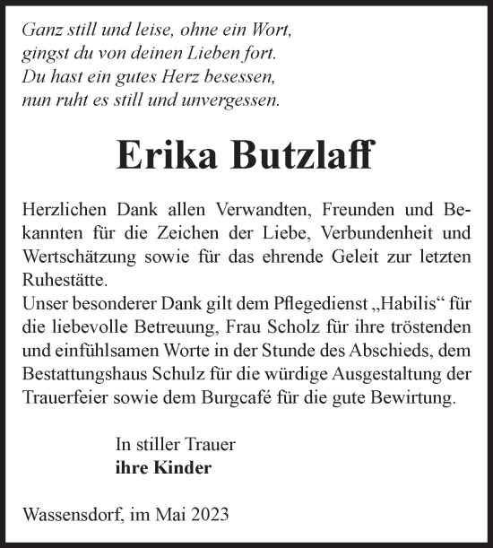 Traueranzeige von Erika Butzlaff von Volksstimme Altmark West