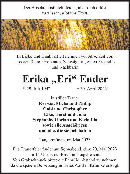 Traueranzeige von Erika Ender von Volksstimme Altmark Ost