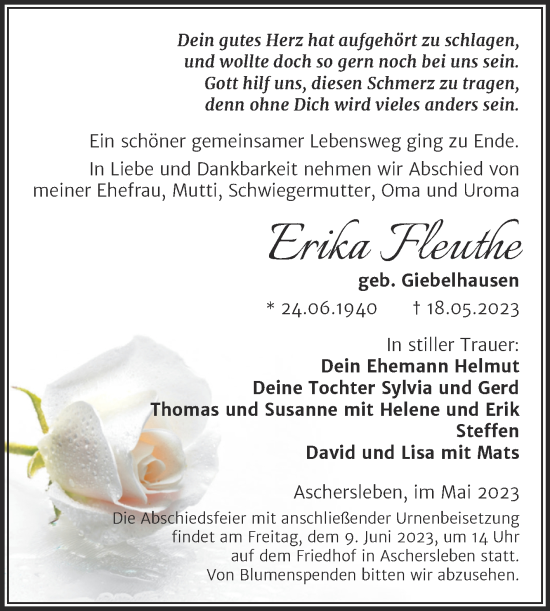 Traueranzeige von Erika Fleuthe von Trauerkombi Aschersleben