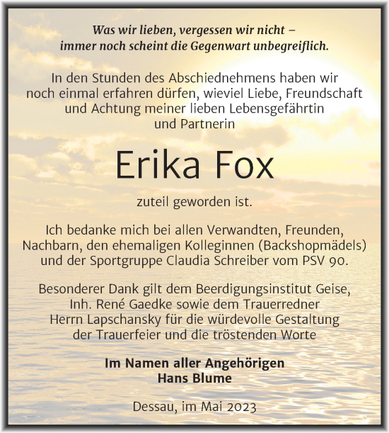 Traueranzeige von Erika Fox von Trauerkombi Dessau