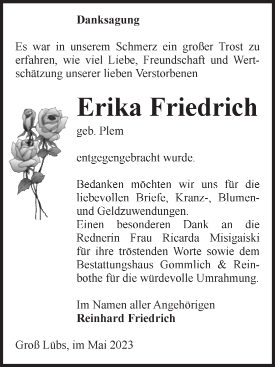 Traueranzeige von Erika Friedrich von Volksstimme Zerbst
