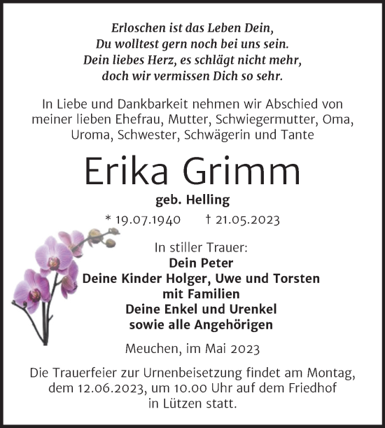 Traueranzeige von Erika Grimm von Trauerkombi Weißenfels