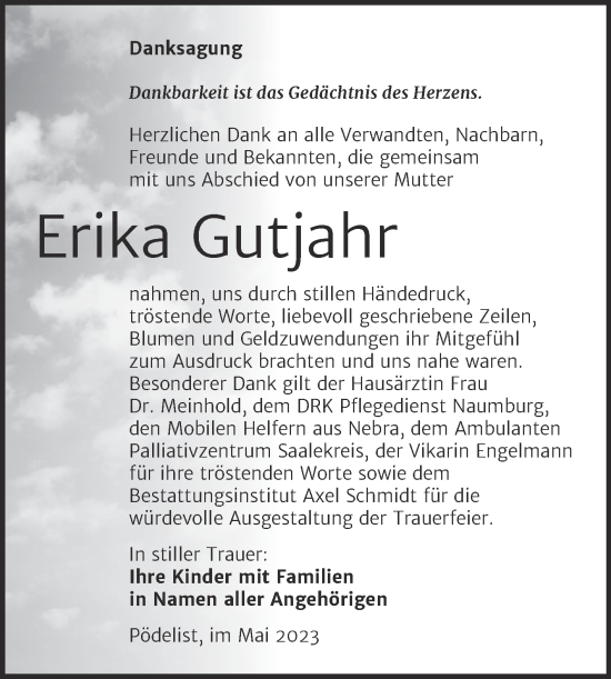 Traueranzeige von Erika Gutjahr von Wochenspiegel Naumburg/Nebra