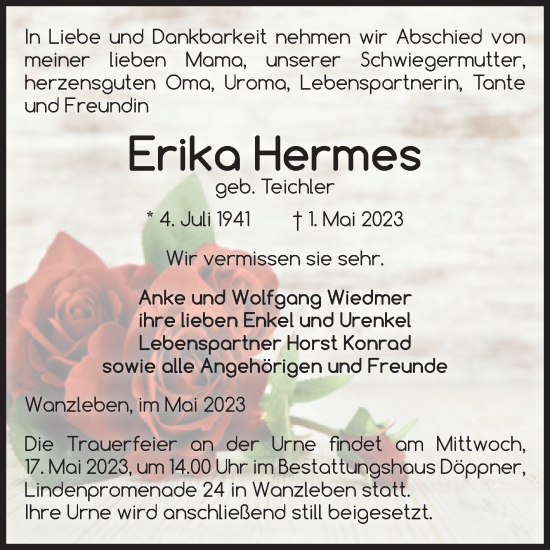 Traueranzeige von Erika Hermes von Volksstimme Oschersleben/Wanzleben