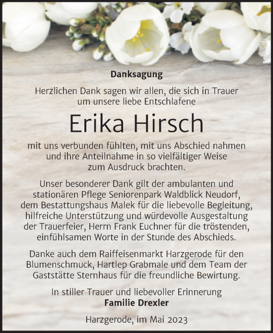 Traueranzeige von Erika Hirsch von Trauerkombi Quedlinburg
