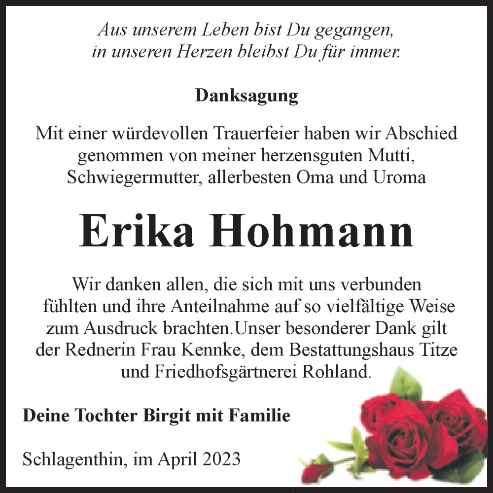  Traueranzeige für Erika Hohmann vom 06.05.2023 aus Volksstimme Burg/Genthin