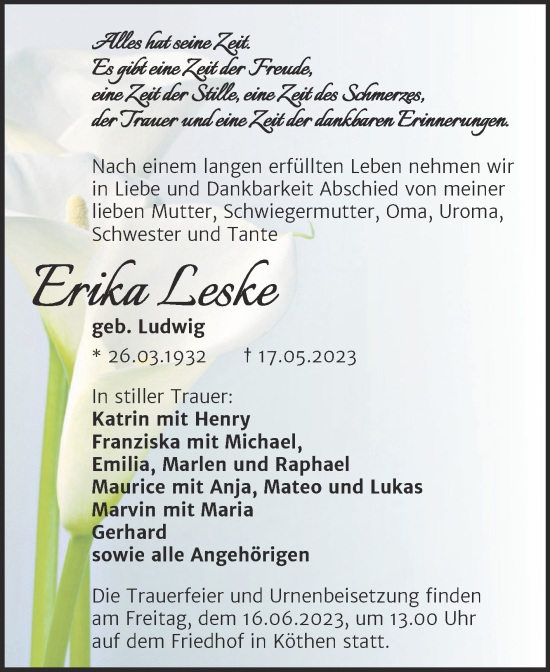 Traueranzeige von Erika Leske von Trauerkombi Köthen