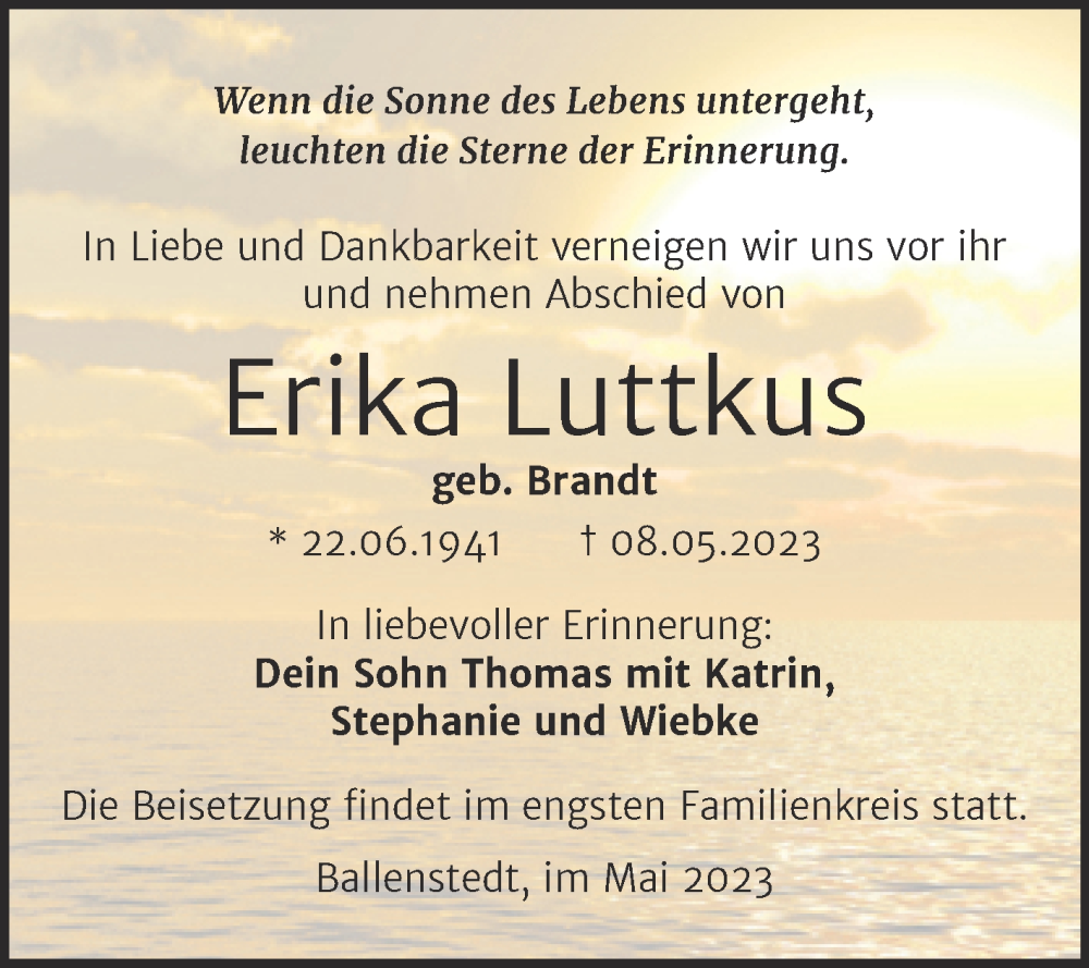  Traueranzeige für Erika Luttkus vom 13.05.2023 aus Trauerkombi Quedlinburg