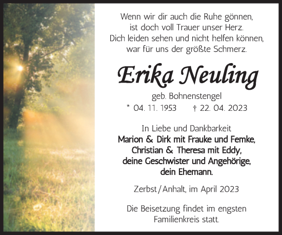 Traueranzeige von Erika Neuling von Volksstimme Zerbst