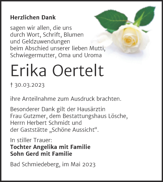 Traueranzeige von Erika Oertelt von Trauerkombi Wittenberg