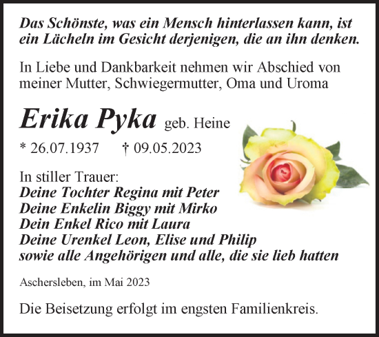 Traueranzeige von Erika Pyka von Trauerkombi Aschersleben