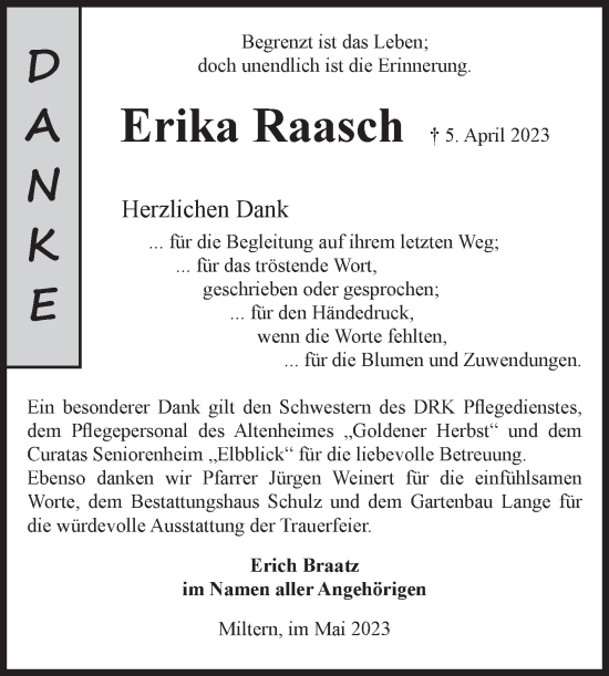 Traueranzeige von Erika Raasch von Volksstimme Altmark Ost