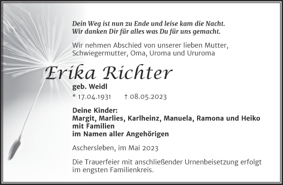 Traueranzeige von Erika Richter von Trauerkombi Aschersleben