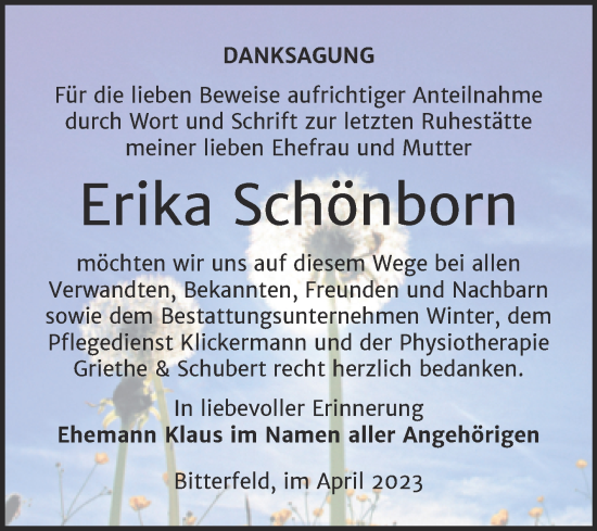 Traueranzeige von Erika Schönborn von Trauerkombi Bitterfeld