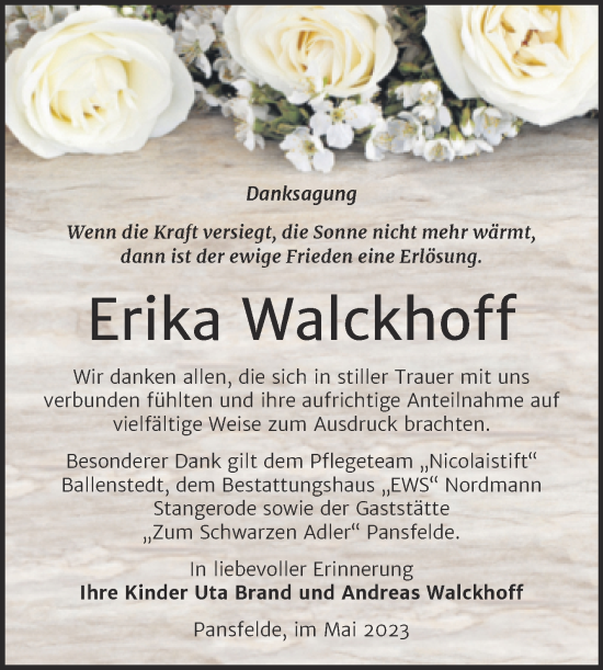 Traueranzeige von Erika Walckhoff von Trauerkombi Quedlinburg