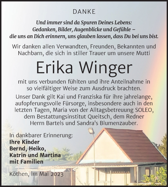 Traueranzeige von Erika Winger von Trauerkombi Köthen
