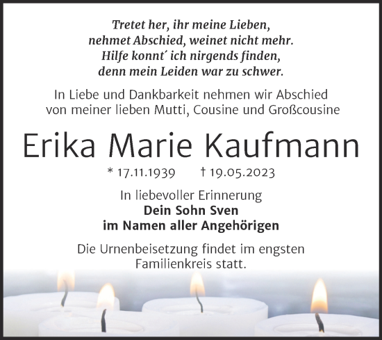 Traueranzeige von Erika Marie Kaufmann von Trauerkombi Bitterfeld