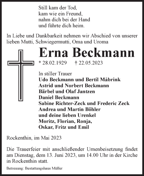 Traueranzeige von Erna Beckmann von Volksstimme Altmark West