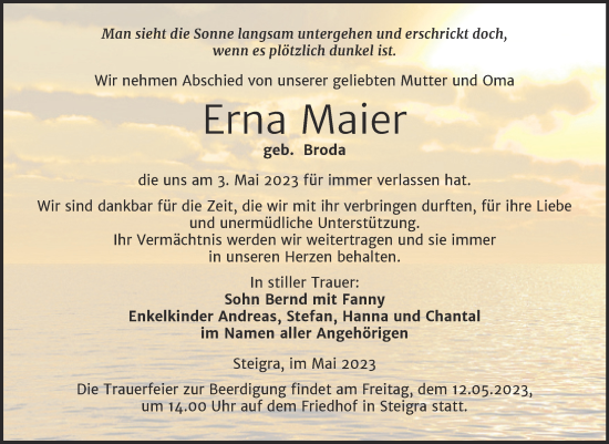 Traueranzeige von Erna Maier von Trauerkombi Merseburg