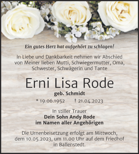Traueranzeige von Erni Lisa Rode von Trauerkombi Quedlinburg