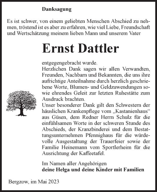 Traueranzeige von Ernst Dattler von Volksstimme Burg/Genthin