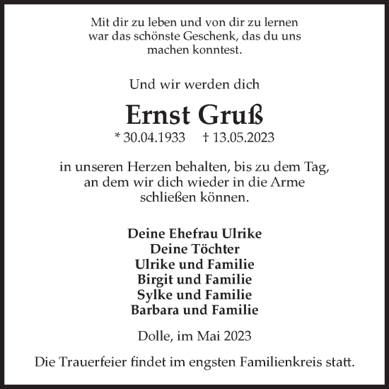 Traueranzeige von Ernst Gruß von Volksstimme Haldensleben/Wolmirstedt
