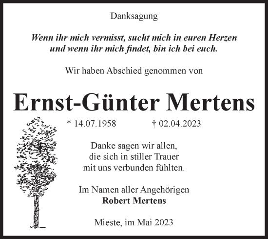 Traueranzeige von Ernst-Günter Mertens von Volksstimme Altmark West