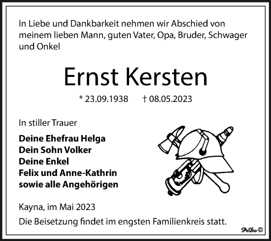 Traueranzeige von Ernst Kersten von Trauerkombi Zeitz