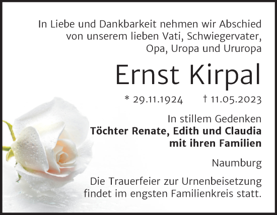 Traueranzeige von Ernst Kirpal von Wochenspiegel Naumburg/Nebra