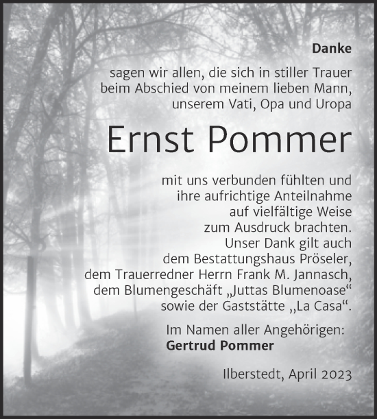 Traueranzeige von Ernst Pommer von Trauerkombi Bernburg