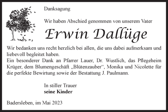 Traueranzeige von Erwin Dallüge von Volksstimme Halberstadt