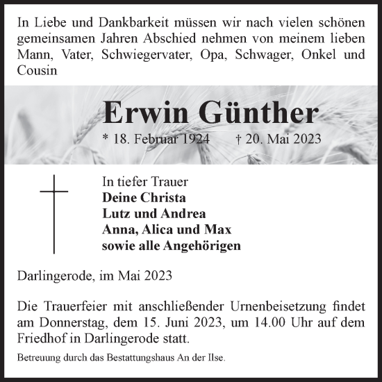 Traueranzeige von Erwin Günther von Volksstimme Wernigerode