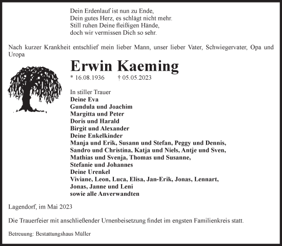 Traueranzeige von Erwin Kaeming von Volksstimme Altmark West