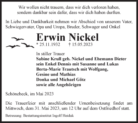 Traueranzeige von Erwin Nickel von Volksstimme Schönebeck