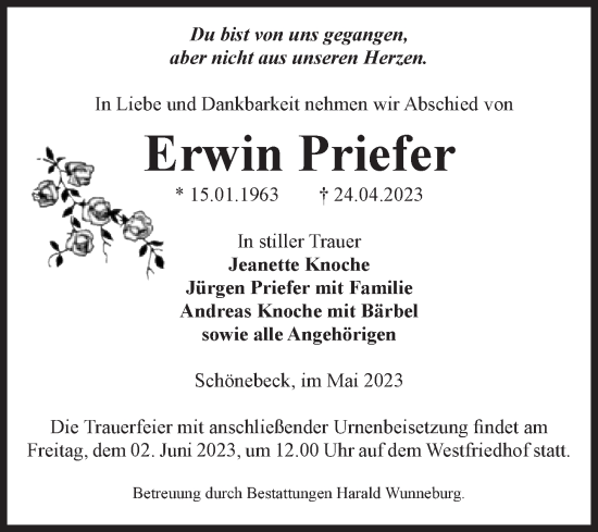 Traueranzeige von Erwin Priefer von Volksstimme Schönebeck