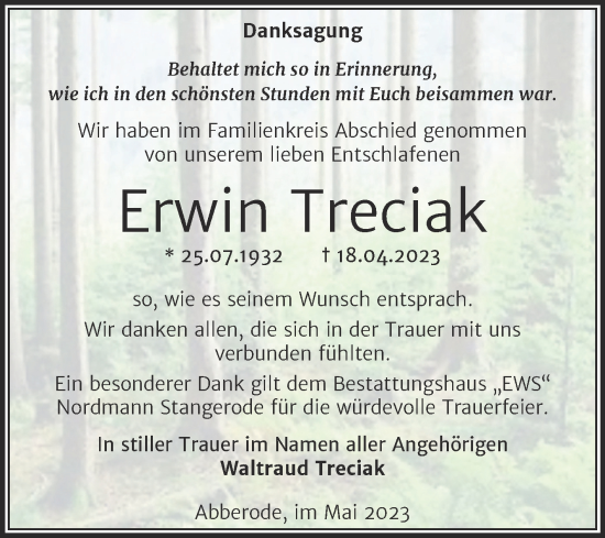 Traueranzeige von Erwin Treciak von Trauerkombi Mansfelder Land