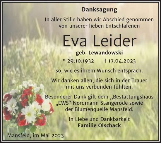 Traueranzeige von Eva Leider von Trauerkombi Mansfelder Land
