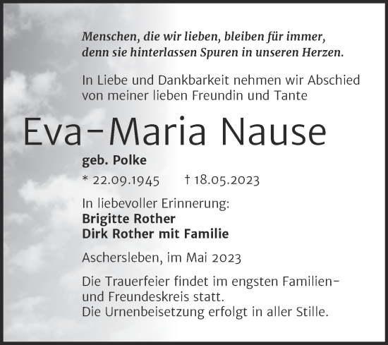 Traueranzeige von Eva-Maria Nause von Trauerkombi Aschersleben