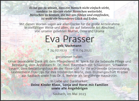 Traueranzeige von Eva Prasser von Wochenspiegel Naumburg/Nebra