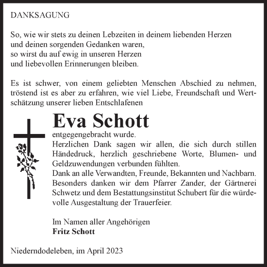 Traueranzeige von Eva Schott von Volksstimme Magdeburg