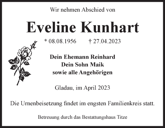 Traueranzeige von Eveline Kunhart von Volksstimme Burg/Genthin