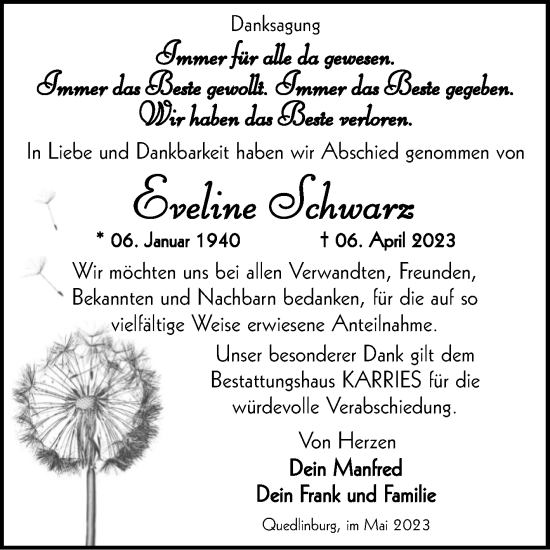 Traueranzeige von Eveline Schwarz von Trauerkombi Quedlinburg