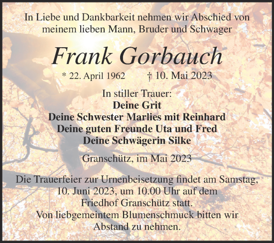 Traueranzeige von Frank Gorbauch von Trauerkombi Weißenfels