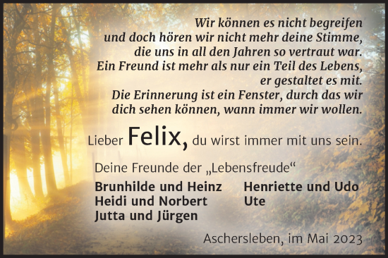 Traueranzeige von Felix  von Trauerkombi Aschersleben