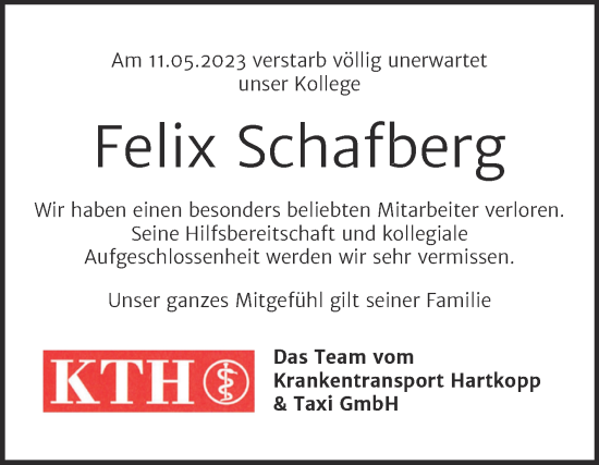 Traueranzeige von Felix Schafberg von Super Sonntag Aschersleben