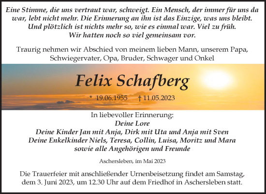 Traueranzeige von Felix Schafberg von Trauerkombi Aschersleben